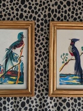 Vintage Original Real Bird Feathers Paintings! Inticatley Layered! Eclectic!